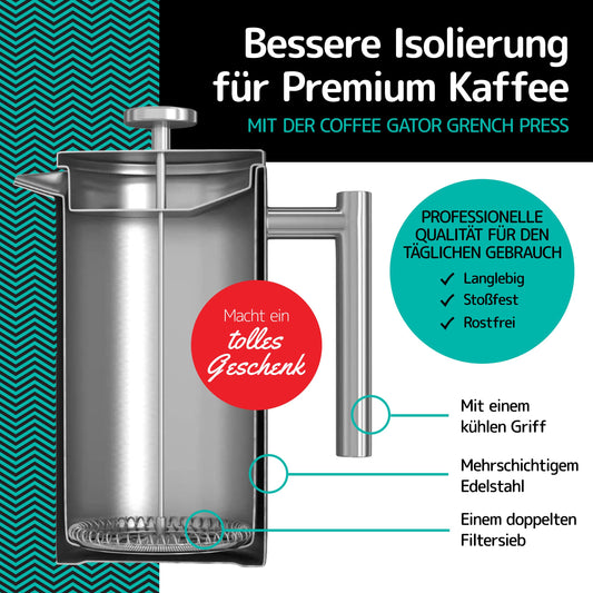 Coffee Gator French Press 1 Liter - with Travel Jar Canister, Double-Walled Insulated Stainless Steel Coffee Maker, Portable Hot Cold Brew Tea Pot for Home Office Kitchen Camping Outdoor