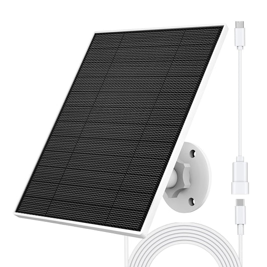 Solar panel for Eufy camera, 5W solar panel compatible with Eufycam 3/3C/2/2 Pro/2C/2C Pro/E/E20/E40/L20/L40. Features 5V output with USB-C connection, micro USB adapter, and IP65 waterproof rating.