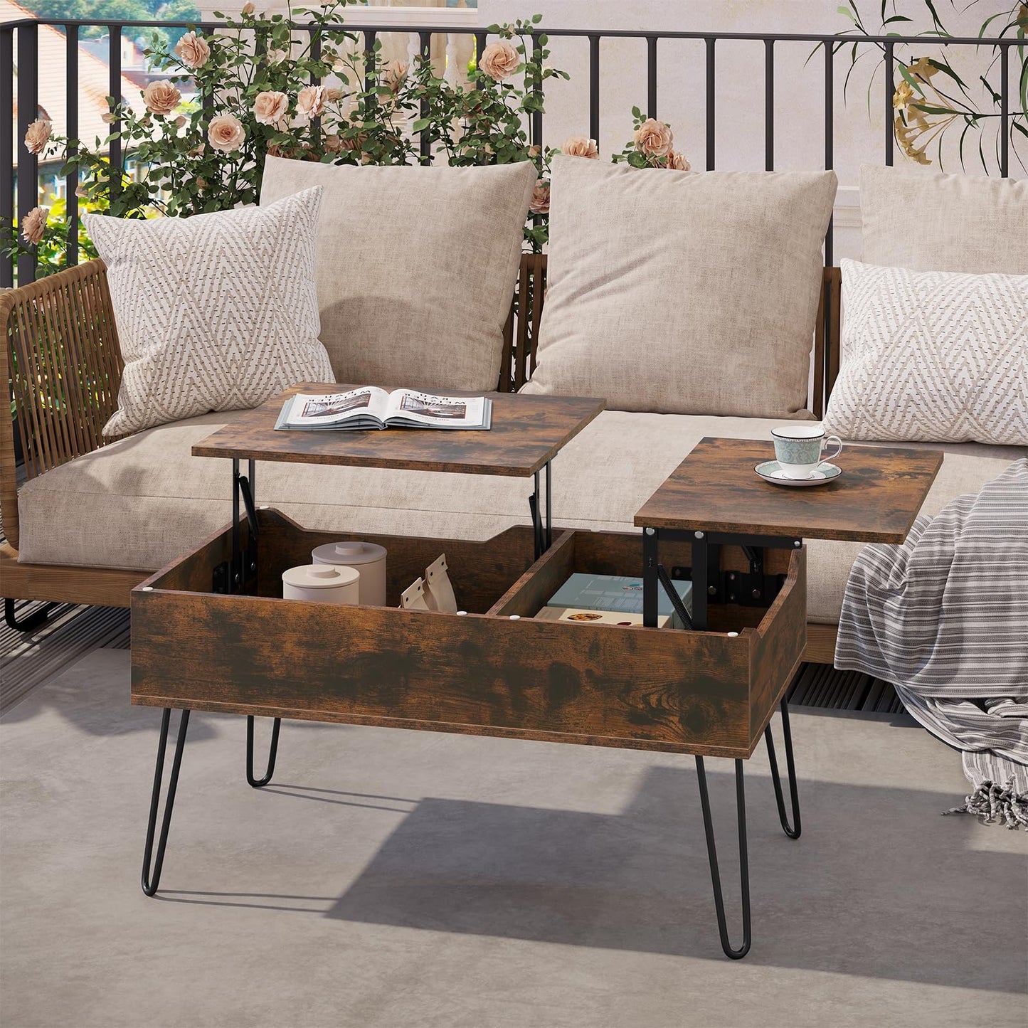 WOLTU coffee table adjustable in height, side table with double lifting plates, lift-top table, living room table, hidden storage space, rustic brown, wood-metal composite, BTS14vbn