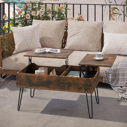 WOLTU coffee table adjustable in height, side table with double lifting plates, lift-top table, living room table, hidden storage space, rustic brown, wood-metal composite, BTS14vbn