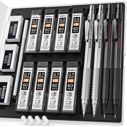 Nicpro 4 pieces mechanical pencils 0.5 mm and 0.7 mm with case, MP1000 metal artist pen set with 8 refill tubes, 3 erasers, for artistic writing, drawing, black and silver.
