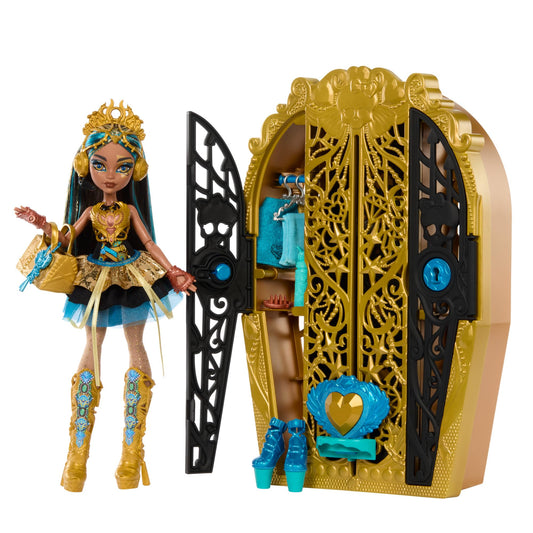 Monster High Skulltimate Secrets doll and accessory set, Monster Mysteries Cleo De Nile with wardrobe and over 19 surprises including clothing, HXH86.