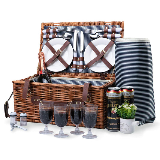 Willow picnic hamper for 4 with insulated cooler and waterproof blanket. Includes utensil set. Large willow picnic set for outdoor camping (Brown).