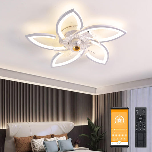 LED ceiling fan with lighting, 48W dimmable ceiling light with fan remote control APP 3 color temperature 6 speeds Quiet ceiling fan for bedroom living room dining room (White, 70cm)