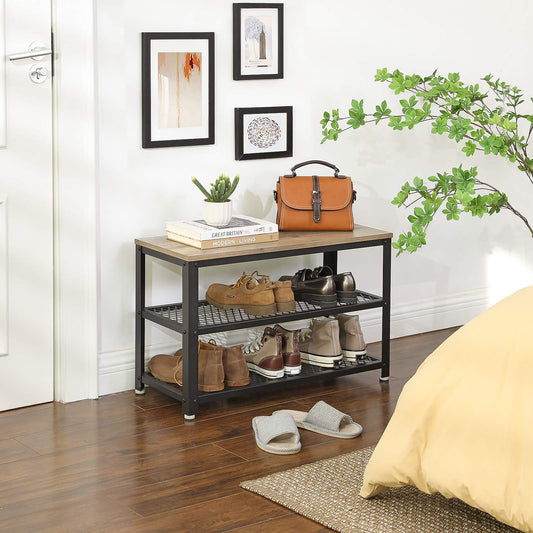 VASAGLE Shoe Bench, Storage Shelf with 2 levels, Shoe Organizer, 73 x 30 x 45 cm, for Entryway, Living Room, Steel Frame, Industrial Style, Beige and Black LBS73MB