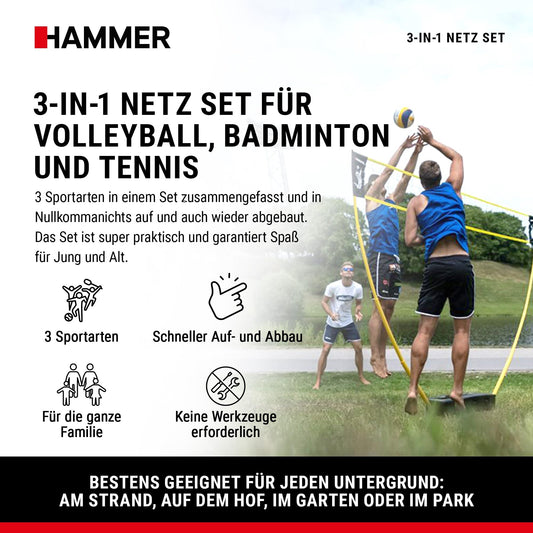 HAMMER 3 in 1 Net Set for Volleyball, Badminton & Tennis, fun for all ages, with carrying case/post stand, easy setup, quick to store and easy to transport.