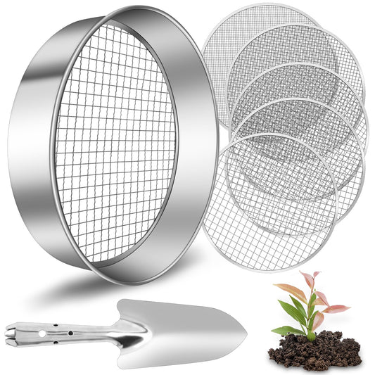 Jazlyvex 30 cm garden sieve with 5 interchangeable, stainless steel compost sieves for sifting soil, compost, and sand, includes a garden shovel.