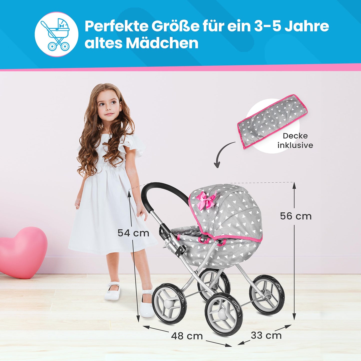 Children's play doll's pram - Lightweight & sturdy with aluminum frame - For dolls up to 40 cm, Indoors & Outdoors - Foldable with canopy & basket, Handle height 54 cm - Gray