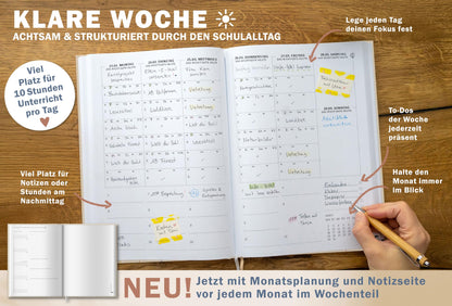 One of the Good Teacher Planners 2025-2026, A4 size, 1 double page per week, academic calendar for school year 25/26, Cream Beige with Flowers, sustainable & climate-neutral.