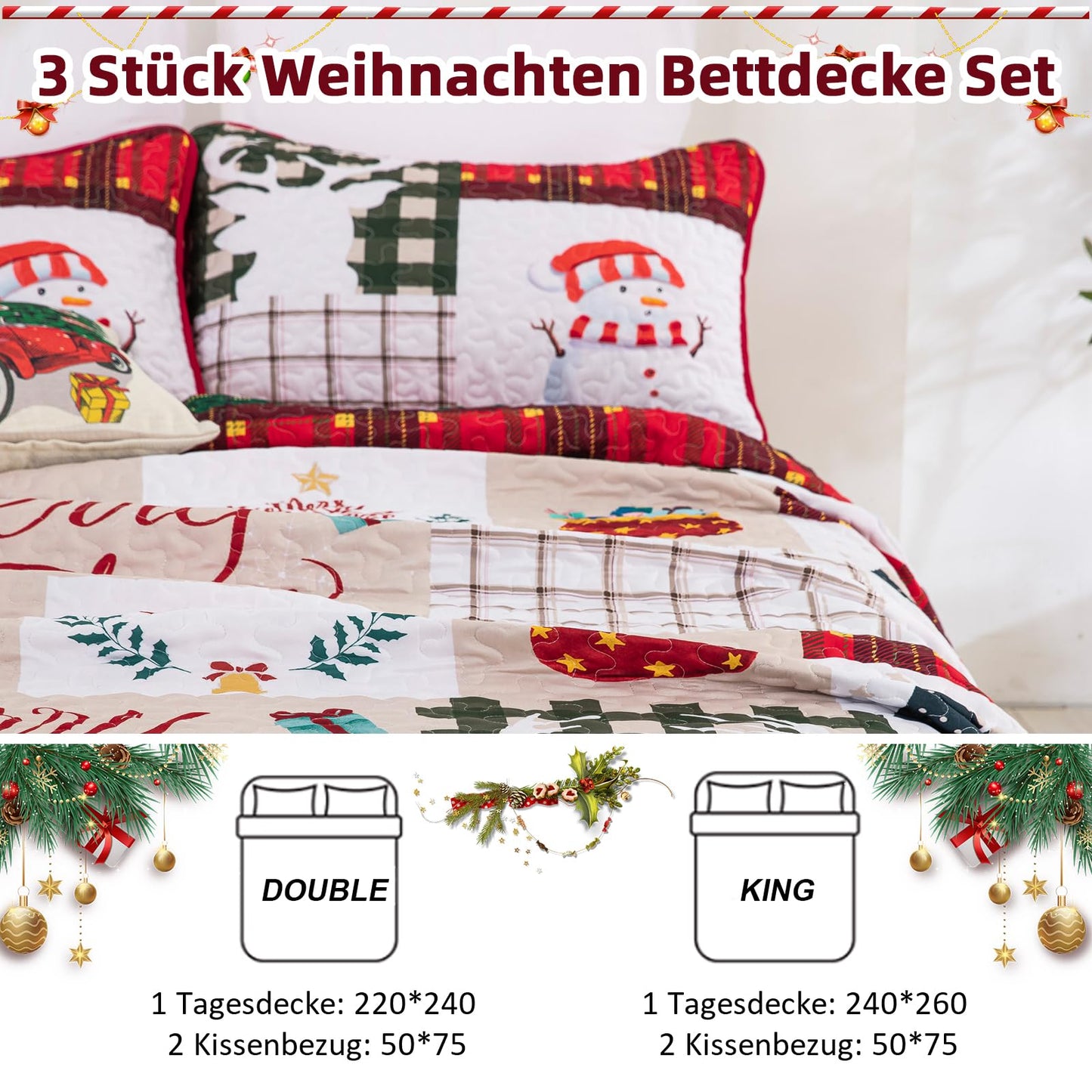 WONGS BEDDING Quilt 220x240 Bedspread Quilt Double Bed Quilted Microfiber 3 Pieces Christmas Quilt Bedspread Quilt with 2 Pillowcases 50x75, White & Red Checkered