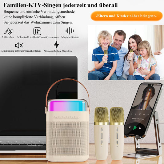 Karaoke machine with 2 wireless microphones, portable Bluetooth karaoke speaker with LED lights for home party, gift for birthday, Christmas, toy for girls and boys.