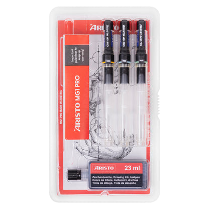 Aristo AH64300 mg1 Pro Drawing Pen Basic Set 4-piece (3 Drawing Pens mg1 Pro, line widths 0.35/0.5/0.7 mm, black drawing ink)