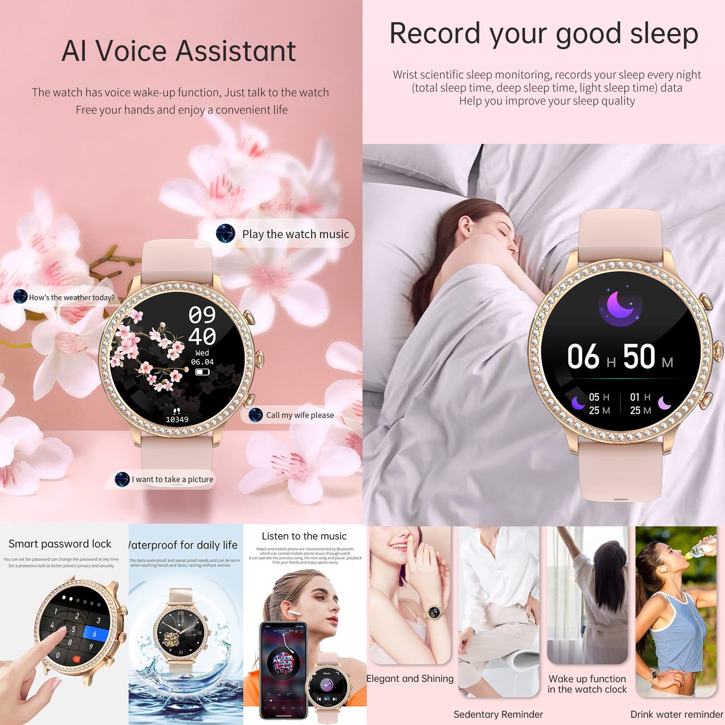 Ladies smartwatch with phone function, 1.32 Fitness Watch Diamond Ladies, Fitness Tracker Watch with menstrual cycle, heart rate, SpO2, sleep monitor, pedometer, wristwatch for Android iOS (Gold)