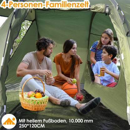 Camping tent for 4 people, 5000mm waterproof tunnel tent. Family tent, group tent, vestibule, sun shade, tipi tent. Large camping tent with sleeping cabin, glamping tent with removable tent floor.