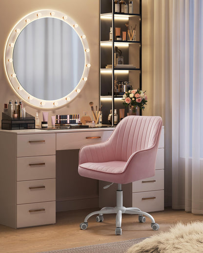 SONGMICS Office Chair, Swivel Chair with Velvet Cover, Foam Padding, Height Adjustable, for Home Office, Bar, Pastel Pink OBG012R01
