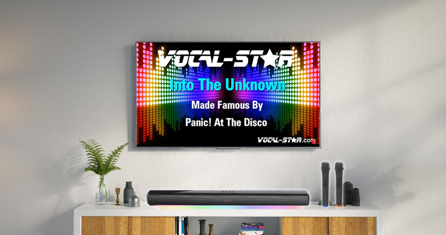 Vocal-Star Karaoke Machine, Soundbar, 250w, 2 wireless UHF microphones, wall mount, 9 RGBW light effects, remote control, HDMI ARC, BT, AUX, Optical.