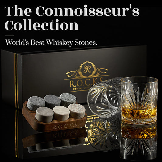 Whiskey Stones Set - 6 Handcrafted Round Granite Whiskey Stones - 2 Whiskey Glasses - Hardwood Presentation and Storage Board - Whiskey Gift Set Box with Gold Foil by Rocks