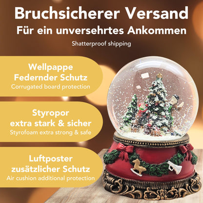 Snow globe decorate Christmas tree | base red with fir garland | with music box | shake ball Christmas decoration | W: 10 cm H: 14 cm | 20272