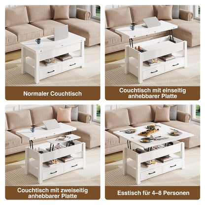 Rolanstar Adjustable Height Coffee Table, Living Room Table with Drawer & Hidden Compartment, Convertible Coffee to Dining Table, 100 x 50 cm Wooden Sofa Table, White