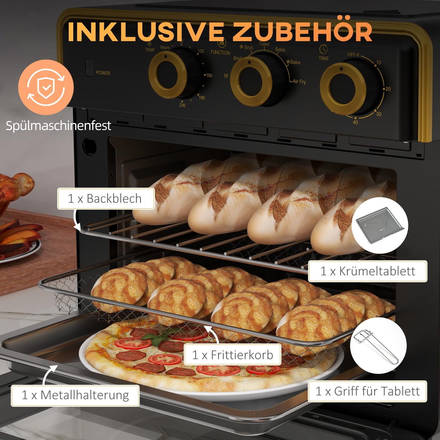 HOMCOM mini oven with convection 20L includes baking tray, grill rack, and crumb tray. Temperature range from 90°C to 230°C, 5 modes, fry basket, 60 min. timer, 1400W, metal construction.