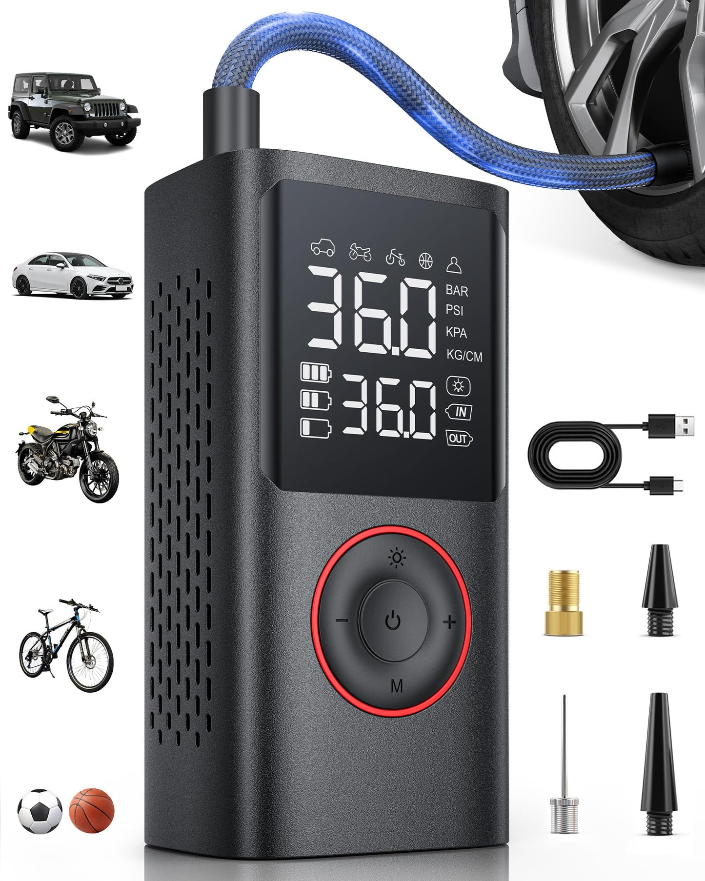 Powools Wireless Electric Air Pump, 150PSI Battery Compressor Bike Pump with LED Light & Auto-Stop, Rechargeable Tire Pump for E-Bike, Car, Motorcycle, Balls, Black, 8.90x4.75x13.70cm