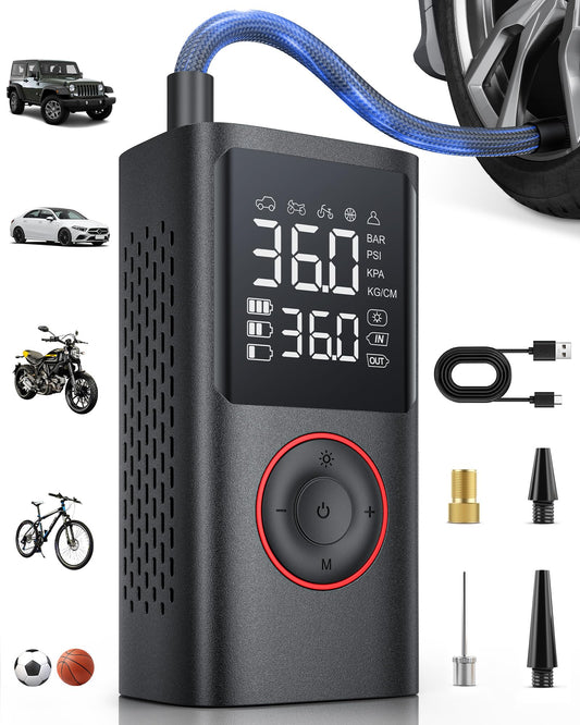 Powools Wireless Electric Air Pump, 150PSI Battery Compressor Bike Pump with LED Light & Auto-Stop, Rechargeable Tire Pump for E-Bike, Car, Motorcycle, Balls, Black, 8.90x4.75x13.70cm
