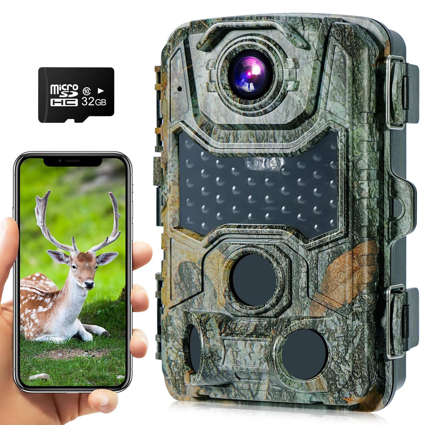 Crenova 4K 32MP wildlife camera with 32GB microSD, 940nm IR LEDs, Bluetooth, motion sensor, night vision, game camera, wildlife camera, IP66, forest camera, wireless transmission.
