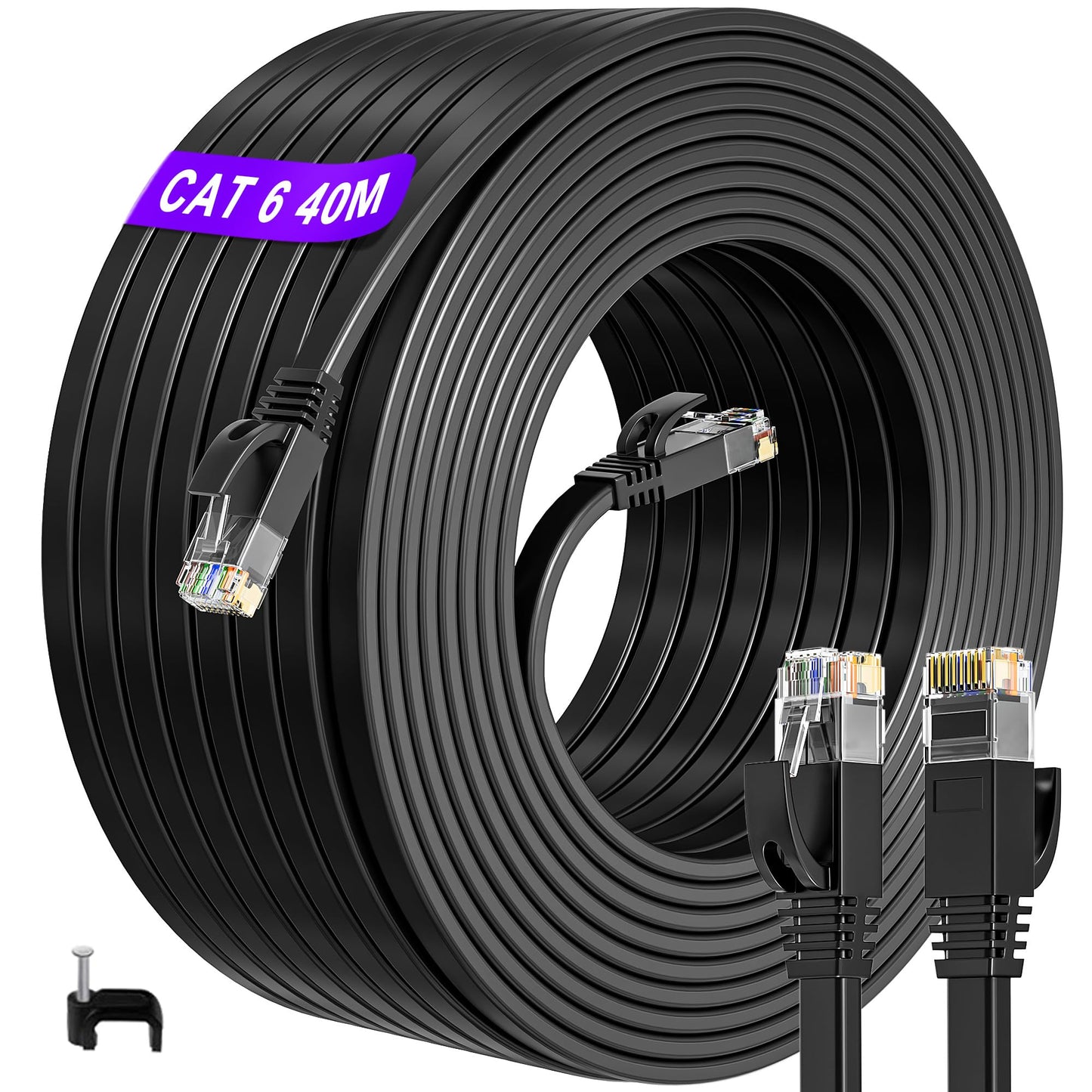 ikbc LAN Cable 40 meters, Cat 6 Ethernet Cable 40m High Speed Ethernet Cable 40m Flat Internet Cable Outdoor Indoor, UTP RJ45 Cable Gigabit Patch Cable for Modem Router PS4/5 (40 Clips)