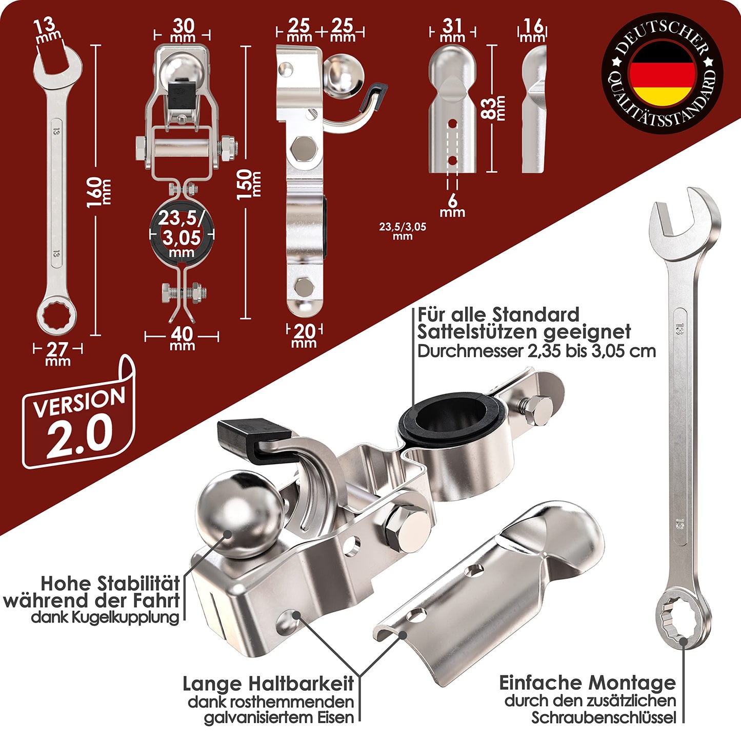 WEIDEBACH® stable bicycle trailer hitch made of galvanized iron, Ø 2.35 to 3.05 cm. Trailer hitch for all common seat posts, easy to mount.