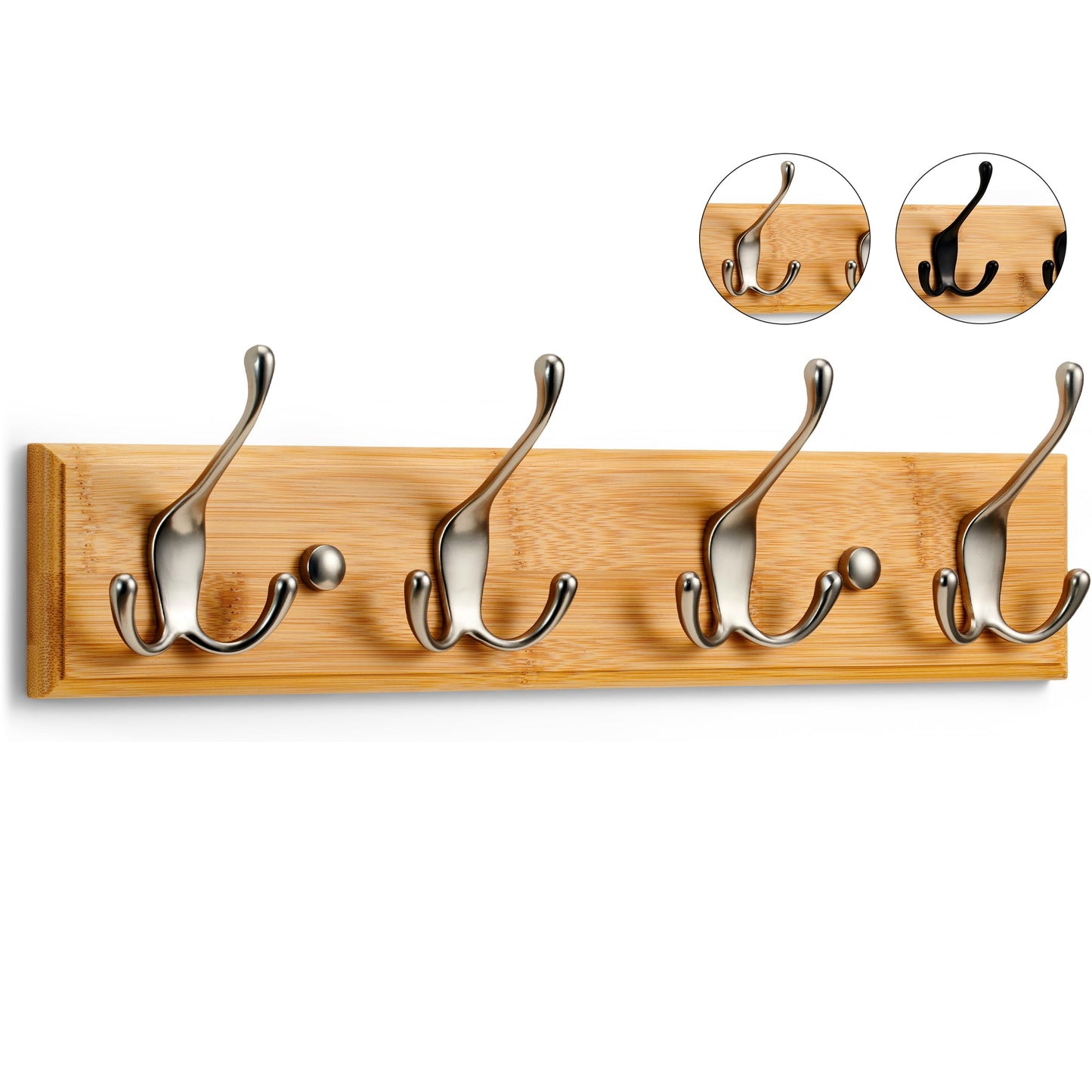 LARHN Wooden Coat Hooks - Wooden Coat Rack with 4 Hooks in Matte Nickel - 42 cm - Wall Coat Hooks - Wall Mount Coat Rack for Hallways, Closets, Bedrooms, and Bathrooms