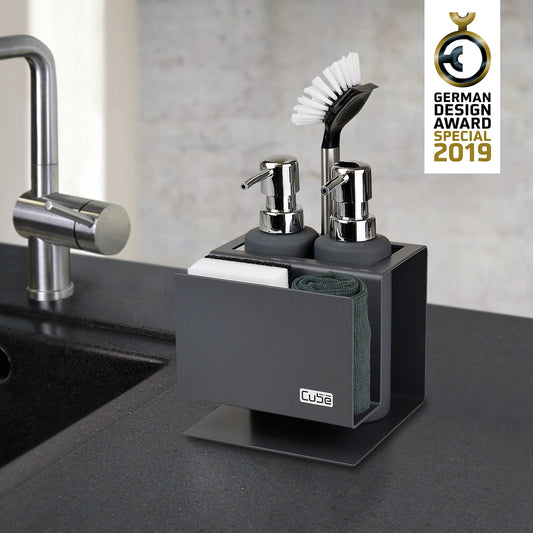 Cube sink organizer set Made in Germany: Award-winning kitchen organizer including soap dispenser & dish brush - Elegant & practical sink organizer for a tidy kitchen - Grey sink set.