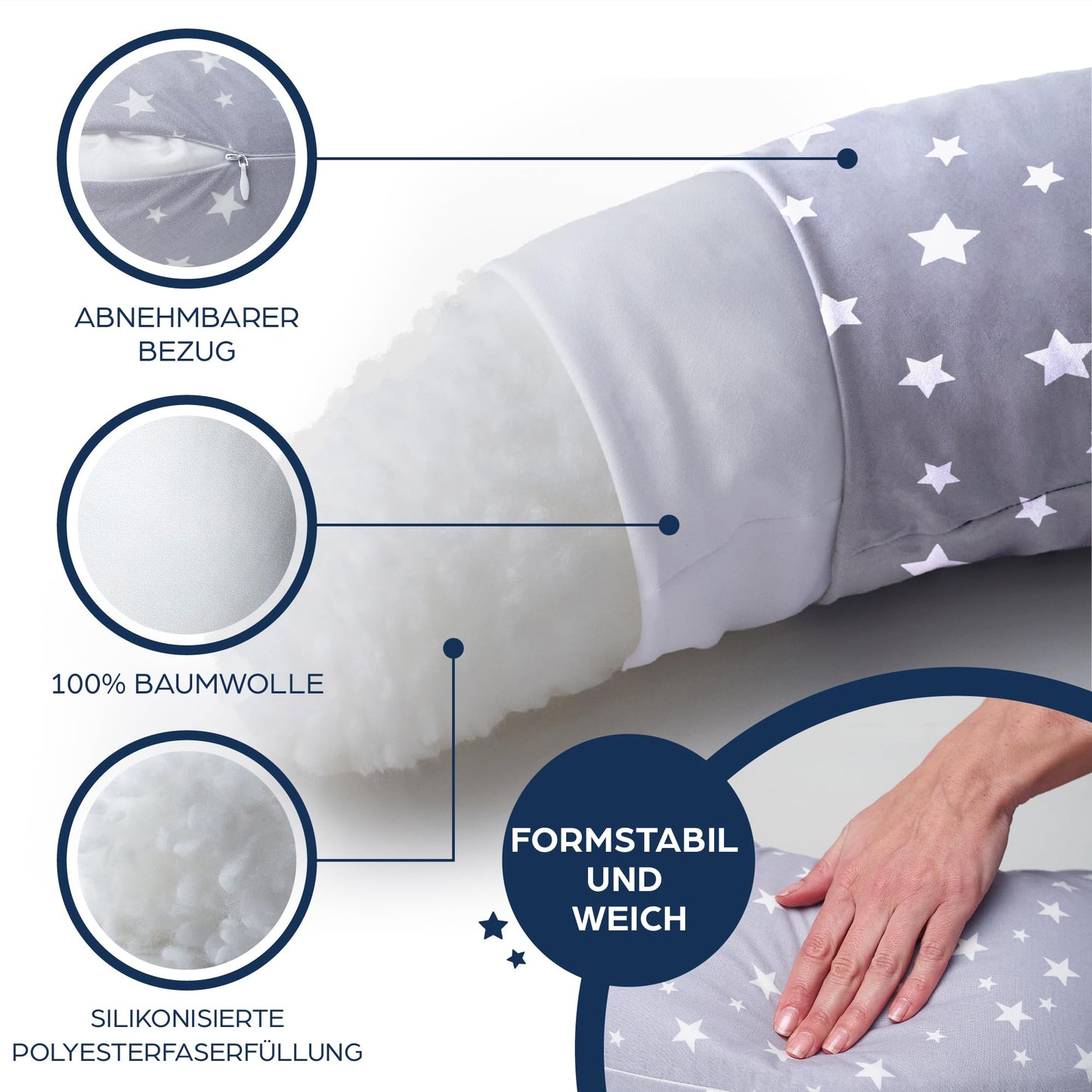 Niimo XXL 2-in-1 Pregnancy Pillow & Nursing Pillow - 100% cotton cover with fiber filling, 100% washable, ergonomic & multifunctional, Grey with white stars (200 x 70 cm)
