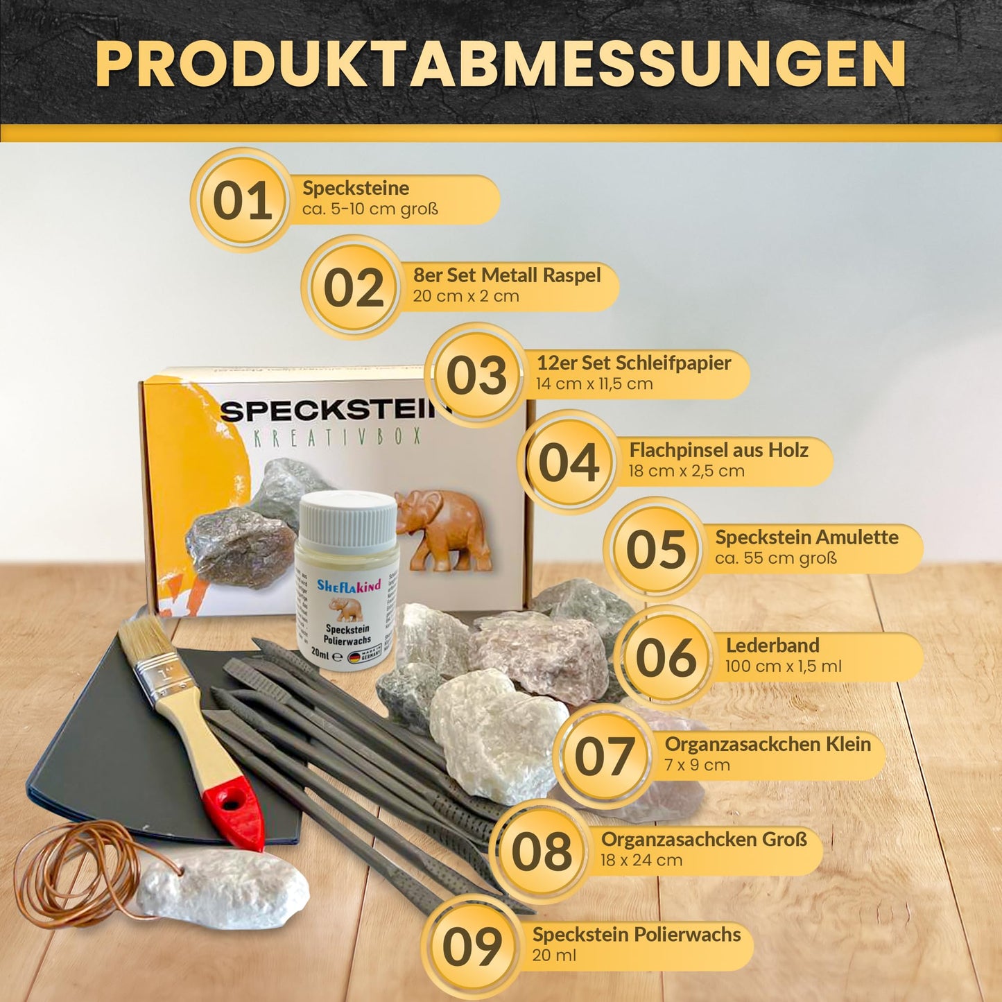 Sheflajor soapstone set including polishing wax [Made in Germany] - Creative craft kit for children aged 7 and up, girls, boys & adults - Promotes concentration & stress relief.