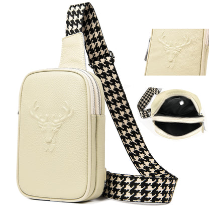 HUMEUHSU Beige Women's Chest Bag Small Shoulder Bag Sling Bag Leather Fanny Pack Wide Strap Women's Shoulder Bags Sweet and Stylish Relief Design for Outdoor Sports/Travel