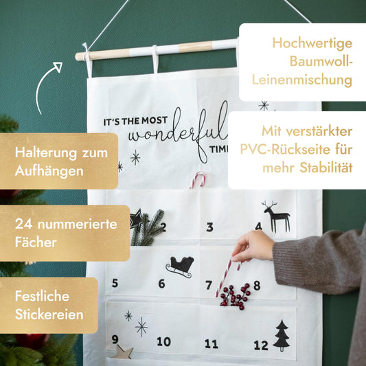 AMARI ® Filling Advent Calendar Black & White - XXL wall calendar (70 x 130 cm) with 24 compartments for crafting for Christmas - Hanging fabric advent calendar - Christmas calendar