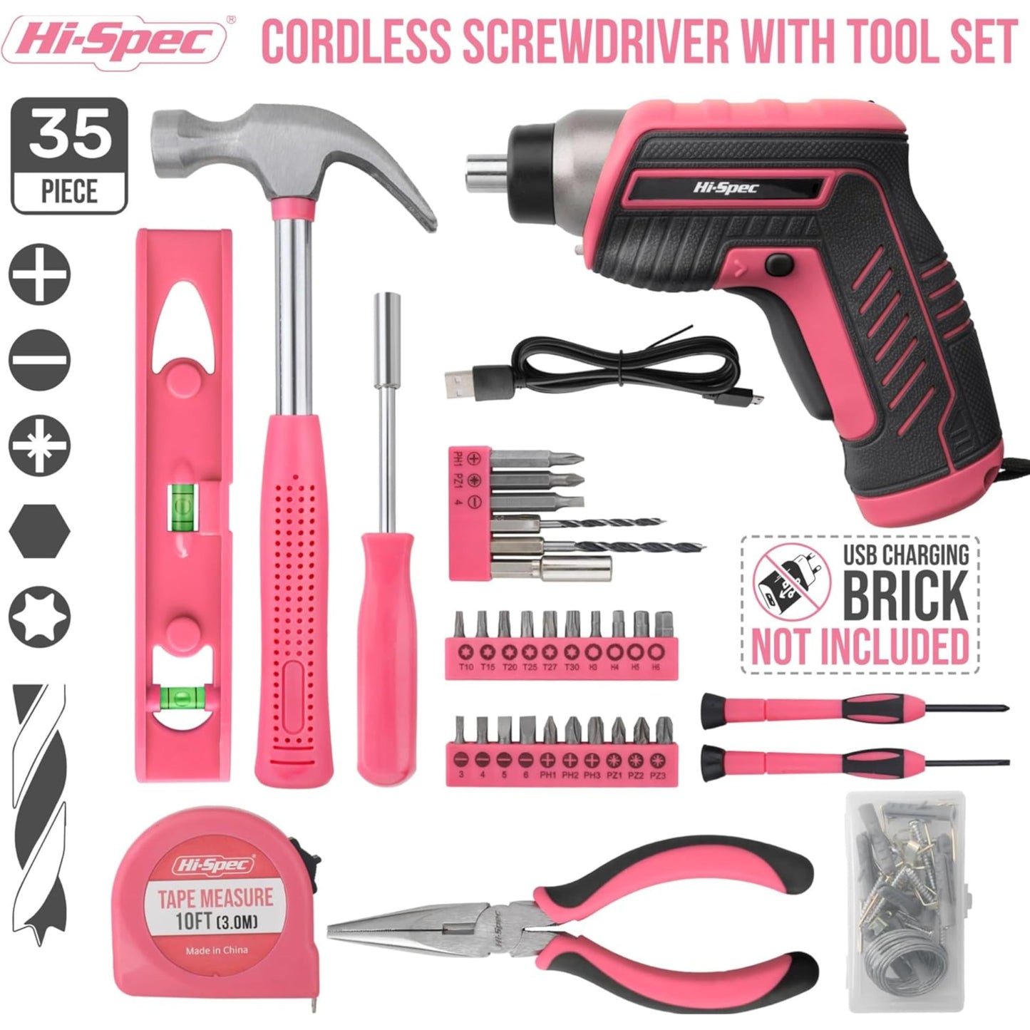 Hi-Spec 35-piece pink home DIY tool set with rechargeable USB drill. Ideal for repairs and maintenance in a convenient tool box - perfect for women and girls.
