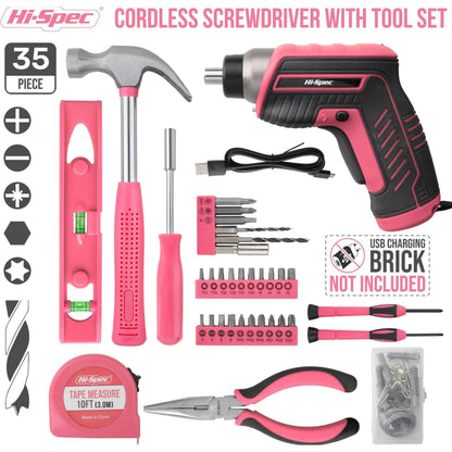 Hi-Spec 35-piece pink home DIY tool set with rechargeable USB drill. Ideal for repairs and maintenance in a convenient tool box - perfect for women and girls.