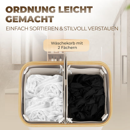 Laundry basket 150L with 2 lids and 2 compartments - Foldable laundry collector made of bamboo fabric Beige - Laundry box, laundry chest, laundry container, laundry separator for bathroom, bedroom & laundry room.