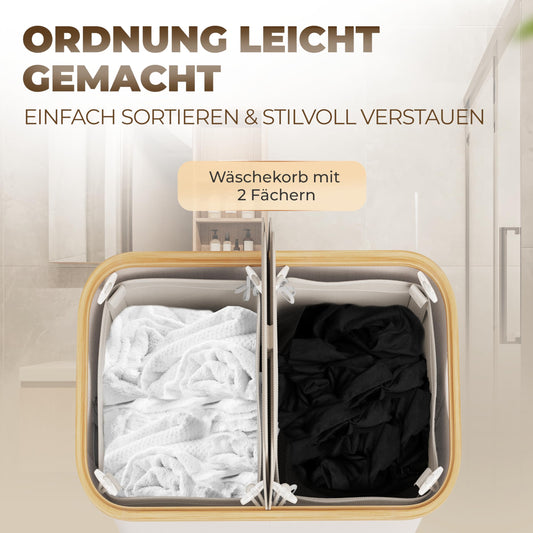 Laundry basket 150L with 2 lids and 2 compartments - Foldable laundry collector made of bamboo fabric Beige - Laundry box, laundry chest, laundry container, laundry separator for bathroom, bedroom & laundry room.
