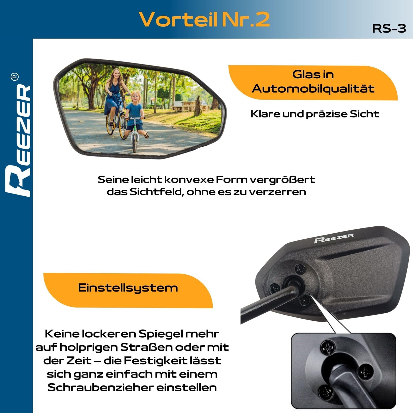 REEZER Bike Mirror RS3 left with extra large mirror surface - 360° adjustable bike mirror for E-bike & E-scooter handlebars - rear mirror compatible with all models - RIGHT