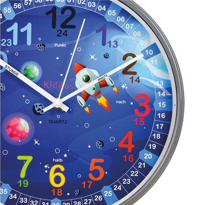 Kiddus Kids Wall Clock, Boys and Girls, Analog Learning Clock with Time Learning Exercises, Kids Clock No Ticking, Children's Room Silent, School, Clock hands English