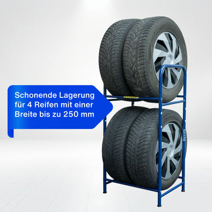 Goodyear tire rack for 4 tires, space-saving storage, height-adjustable, 2 levels, maximum load capacity up to 120 kg, blue.