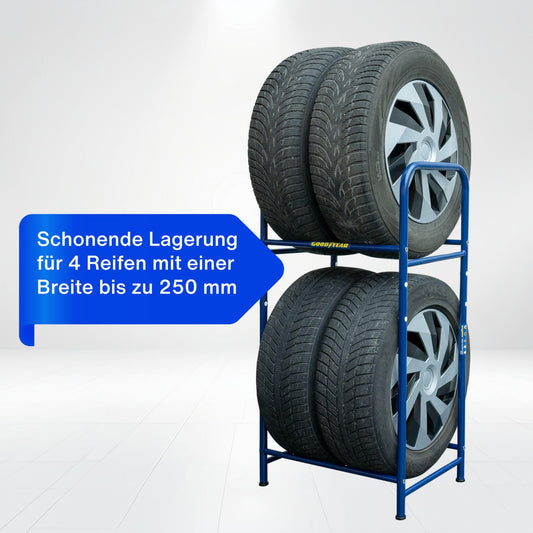 Goodyear tire rack for 4 tires, space-saving storage, height-adjustable, 2 levels, maximum load capacity up to 120 kg, blue.