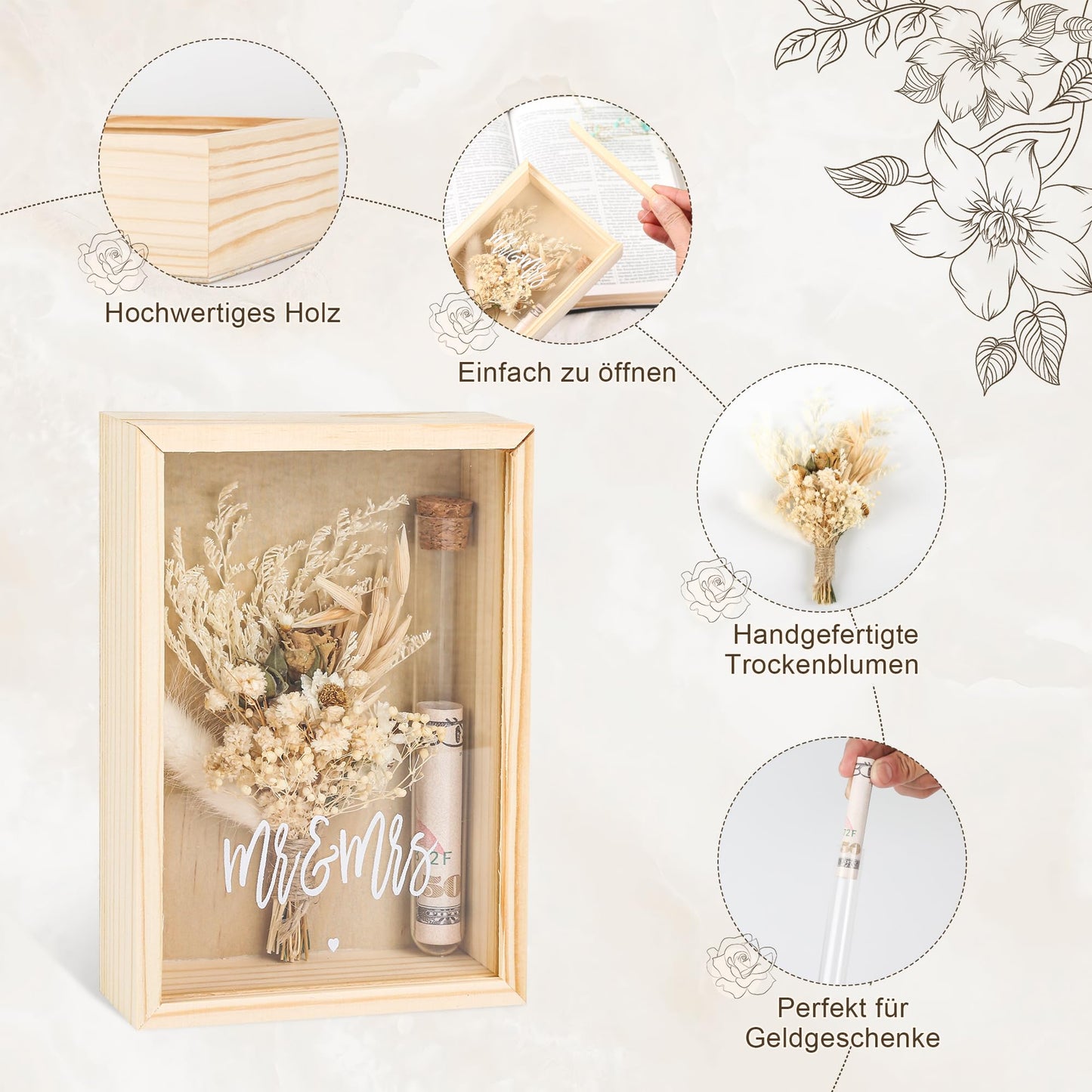 Wedding money gift - Mr & Mrs gift box with dried flowers & test tube - Wedding gift for the bridal couple - Creative money gifts for weddings - Wooden box as a keepsake