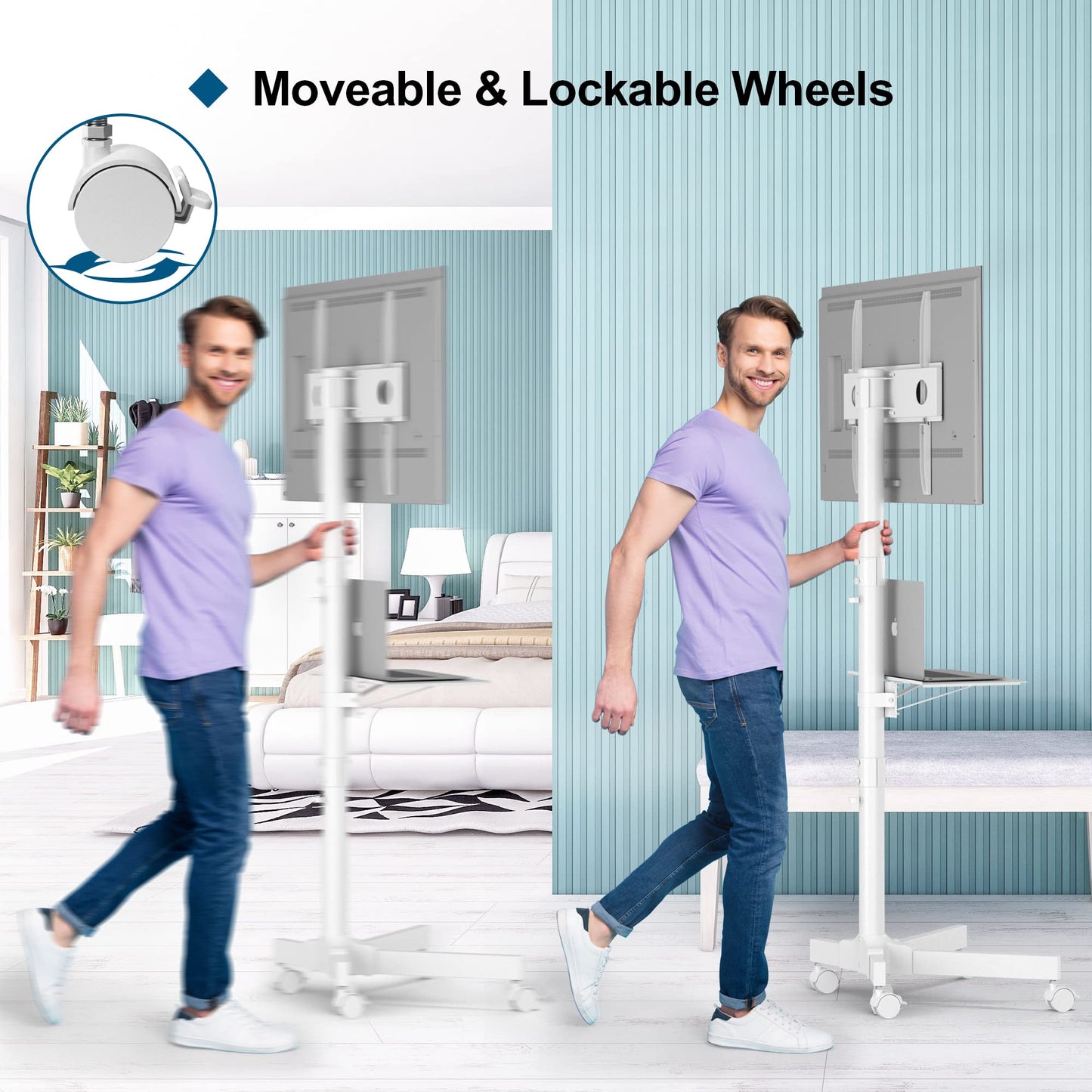 BONTEC Mobile TV stand on wheels for 23-60 inch Plasma/LCD/LED TVs, Portable TV stand with laptop shelf, Height adjustable rolling TV cart up to 25kg, max. VESA 400x400mm (white)