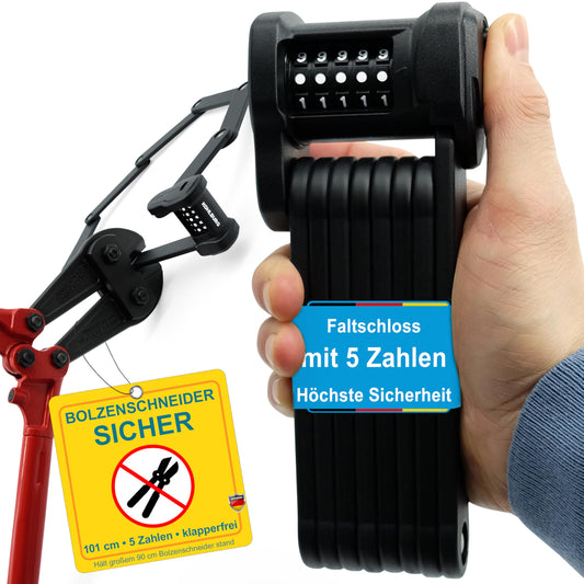 KOHLBURG bike lock combination lock with 5-digit code [bolt-cutter resistant, 101 cm long] folding lock type Vienna with bracket high security - bike lock for e-scooters, e-bikes & bikes