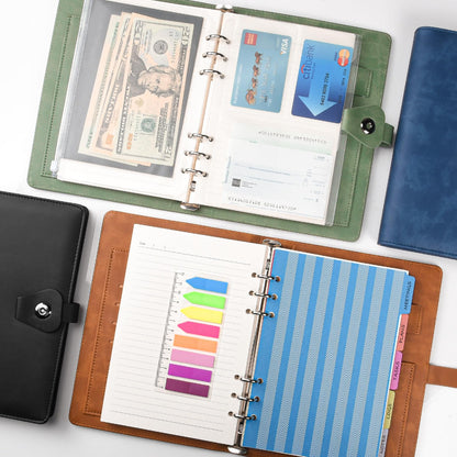 A5 ring binder, refillable A5 ring binder with 100 sheets of refill paper, leather notebook with binder pockets, binder for school notes and travel journals, gift for girls, boys (Black)
