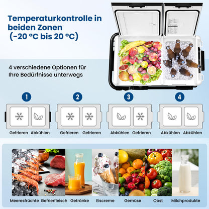 WOLTU compressor cooler electric freezer box 50L dual zone with app control USB port, 12 V/24 V, mini fridge freezer cooling up to -20°C for car boat camping, with adapter for cooler box