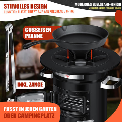 KESSER® Rocket Stove with cast iron grill pan | incl. grill tongs & carrying bag | Dutch Oven 6 integrated spikes | BBQ Rocket Stove wood stove | Camping outdoor stove | Camping grill stainless steel
