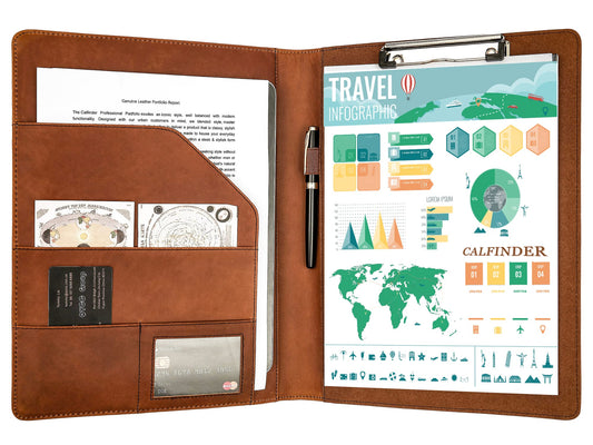 Calfinder A4 leather writing pad, slim leather conference folder with A4 pad, clipboard folder document holder with A4 clipboard, file folder for office school/work colleagues, gift, brown.
